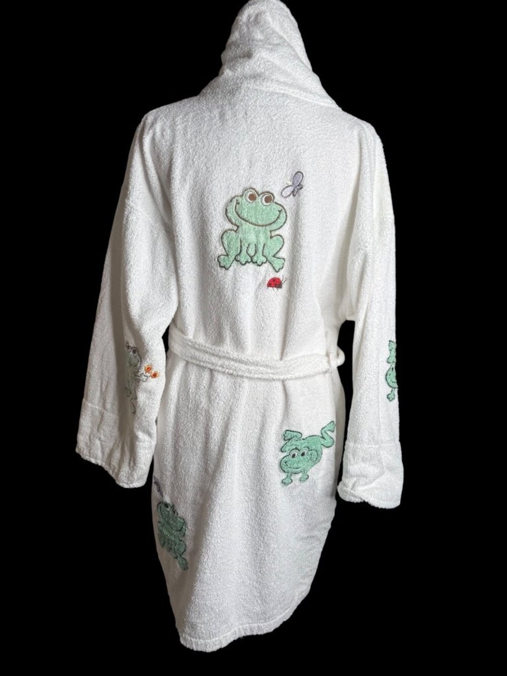 Vintage Aegean Apparel White Hooded Terrycloth Robe Frog Embroidery O/S Turkey
